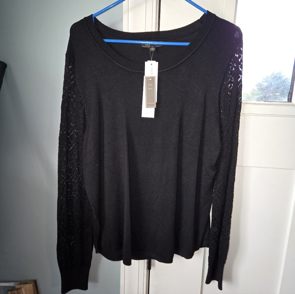 Chic Black Lace Sleeve Women's Blouse Size Large